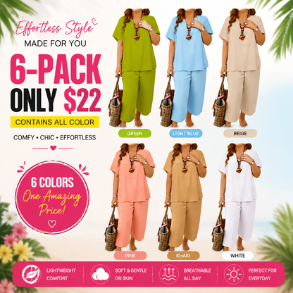 Summer Special Sale🍃Women's Solid Short Sleeve Top & Loose Wide Leg Pants 2-Piece Set
