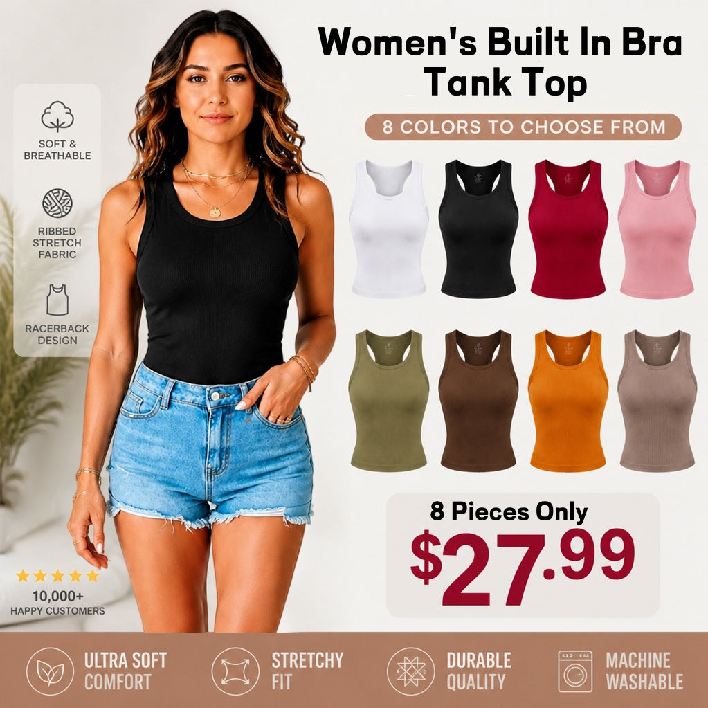 Summer Special Sale🍃Round Neck Built-in Bra Ribbed Tank Top Fit Casual Comfortable💥