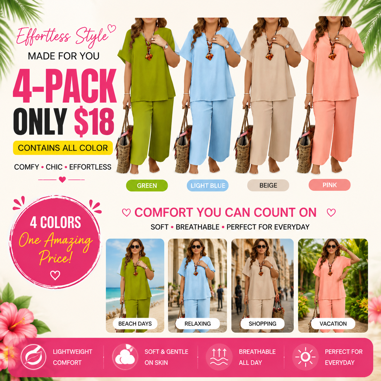 Summer Special Sale🍃Women's Solid Short Sleeve Top & Loose Wide Leg Pants 2-Piece Set