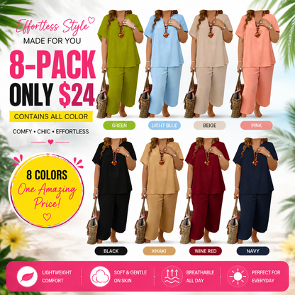 Summer Special Sale🍃Women's Solid Short Sleeve Top & Loose Wide Leg Pants 2-Piece Set