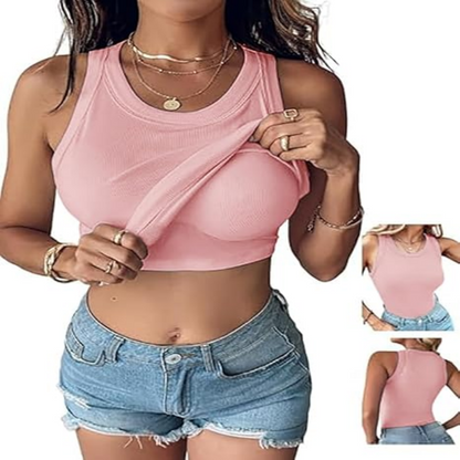 Summer Special Sale🍃Round Neck Built-in Bra Ribbed Tank Top Fit Casual Comfortable💥